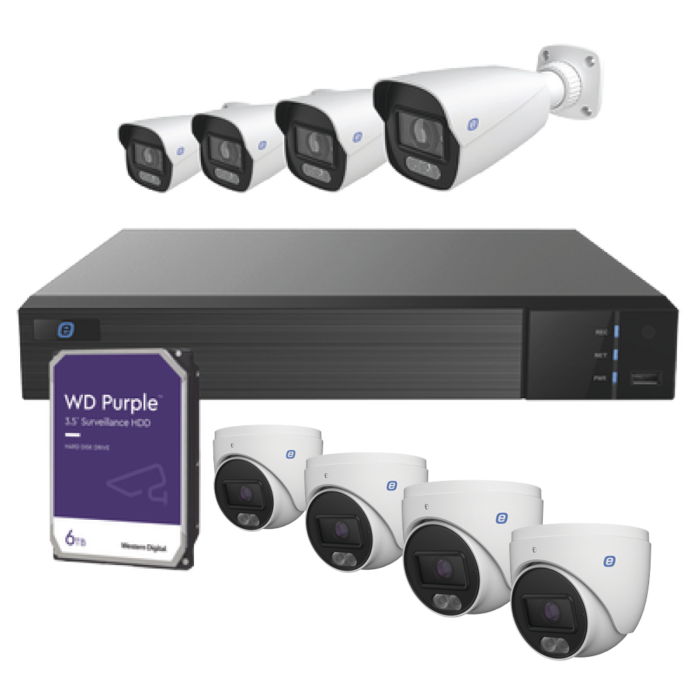 XEBKITC588GEN3 e IP KIT / NVR 8 Channels / 4 Color Turret Cameras 24/7 / 4 Color Bull