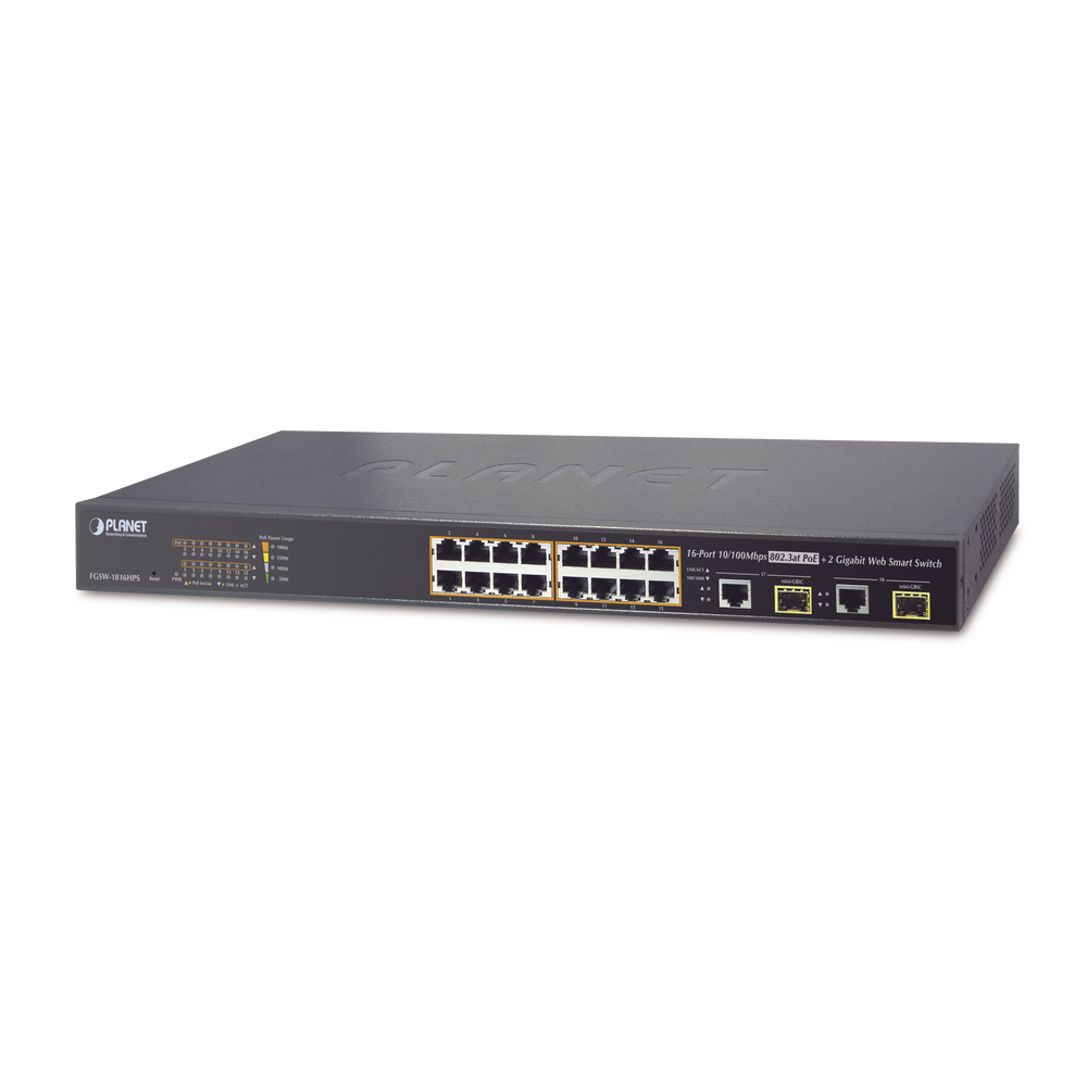 FGSW1816HPS PLANET 16-port 10/100TX PoE 802.3at  2-port Gigabit TP/SFP Combo L2 Web S