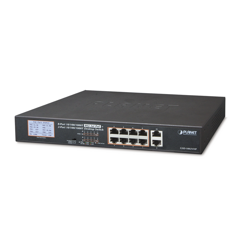 GSD1002VHP PLANET 8-Port 10/100/1000T 802.3at PoE  2-Port 10/100/1000T Desktop Switch