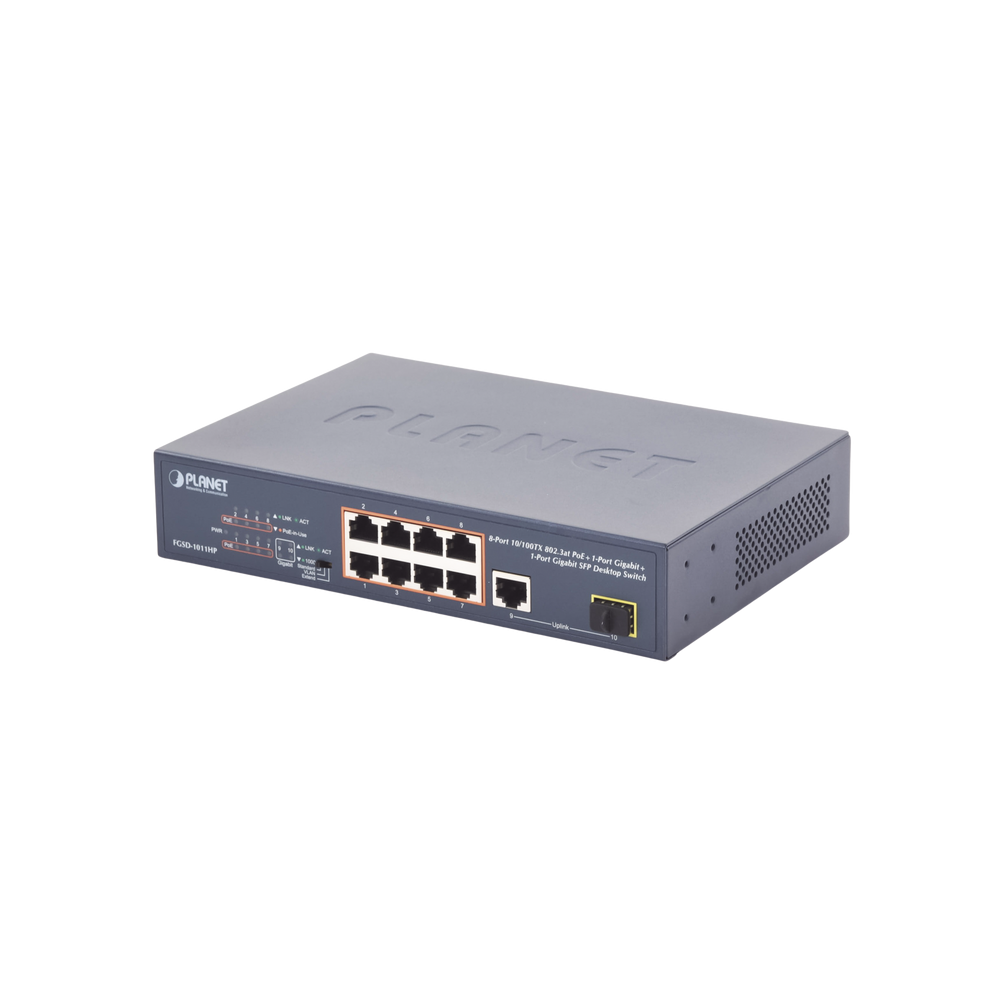 FGSD1011HP PLANET Unmanaged Switch 8 ports 10/100 PoE 802.3af/at 135W 1 Uplink port 1