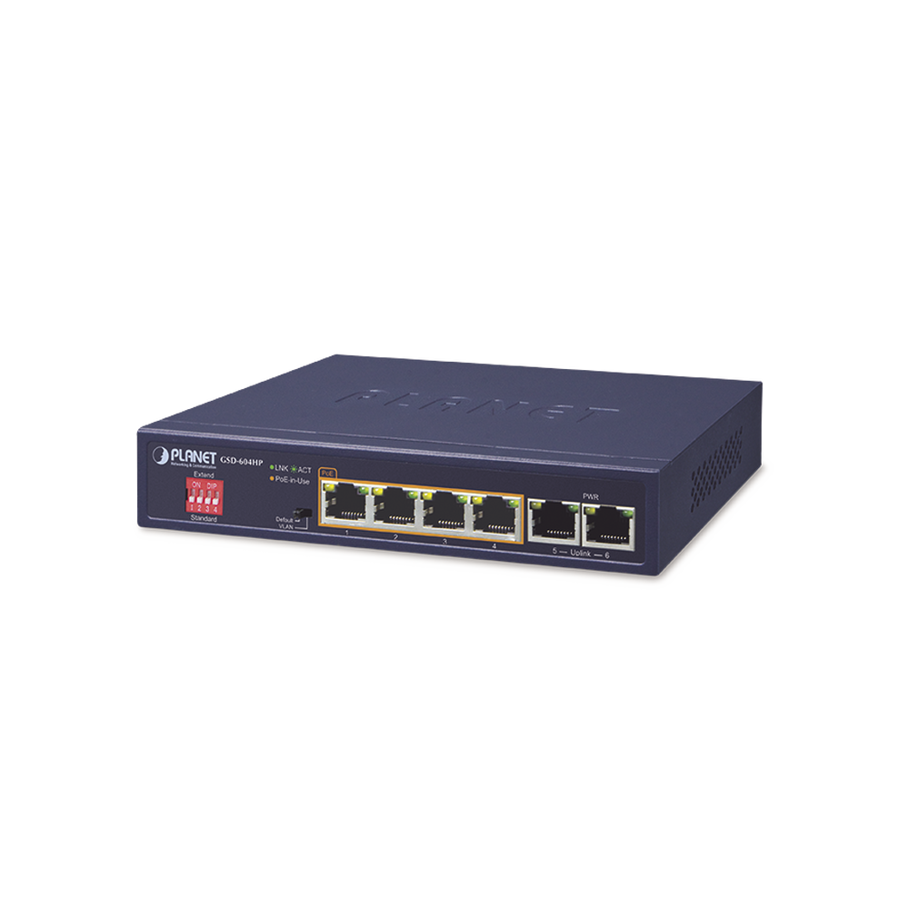 GSD604HP PLANET Desktop Switch Unmanaged 4-Port 10/100/1000T 802.3at PoE  2-Port 10/1